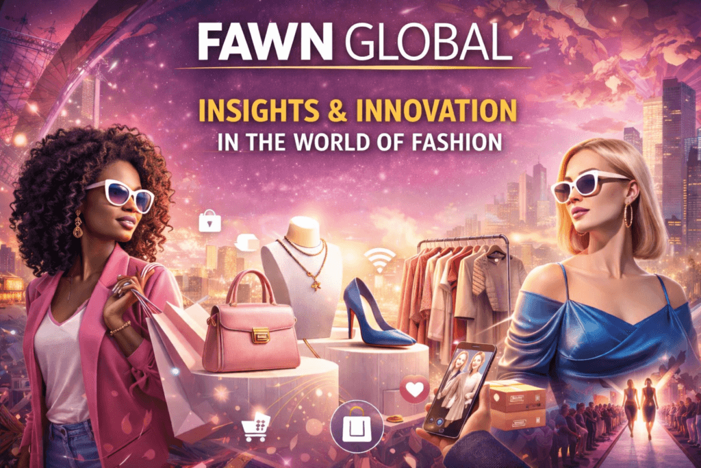 “Stylish fashion scene featuring two women in modern outfits, clothing rack, luxury handbag, accessories, and urban cityscape background representing fashion brand aesthetic.”