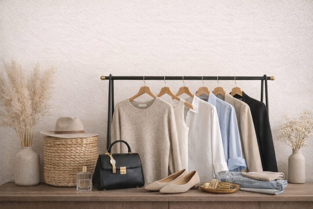 “Minimalist wardrobe essentials for women including white shirt, neutral sweater, blazer, denim, white sneakers, and classic accessories”