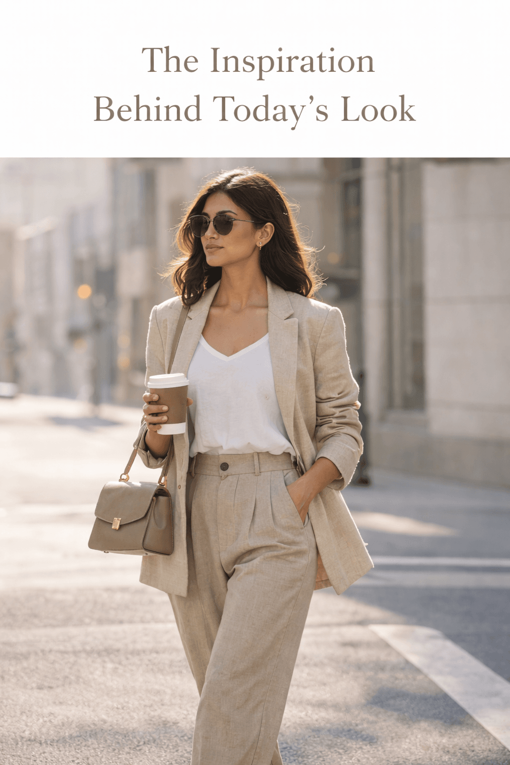 “Outfit of the Day inspiration featuring neutral tones, beige blazer, white top, tailored trousers, minimalist accessories, luxury lifestyle fashion, and effortless confidence.”