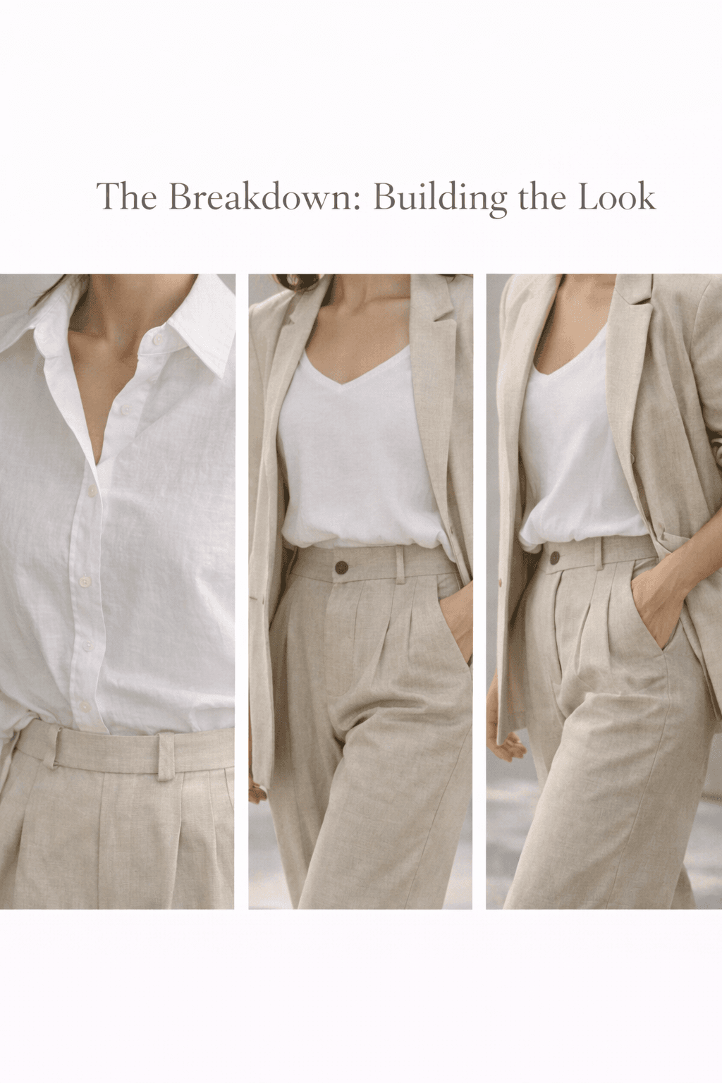 “Outfit of the Day breakdown featuring white shirt, beige high-waisted pants, and neutral blazer, highlighting minimalist fashion, capsule wardrobe styling, and effortless luxury aesthetic.”