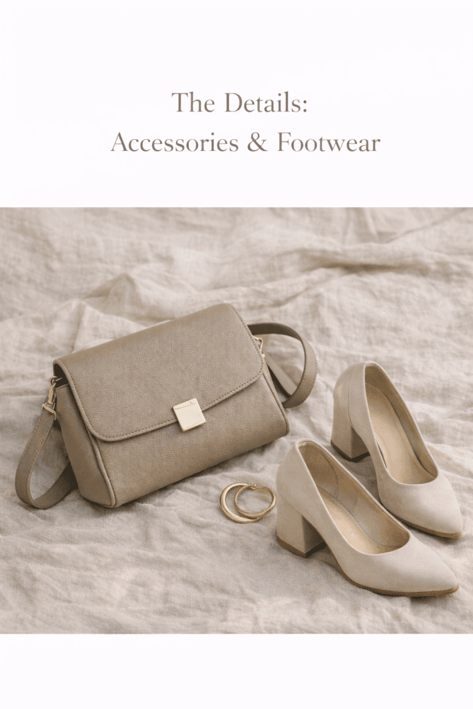 “Accessories and footwear styling image with taupe handbag, beige block heels, and gold jewellery, showcasing minimalist fashion, neutral tones, and luxury lifestyle aesthetic.”