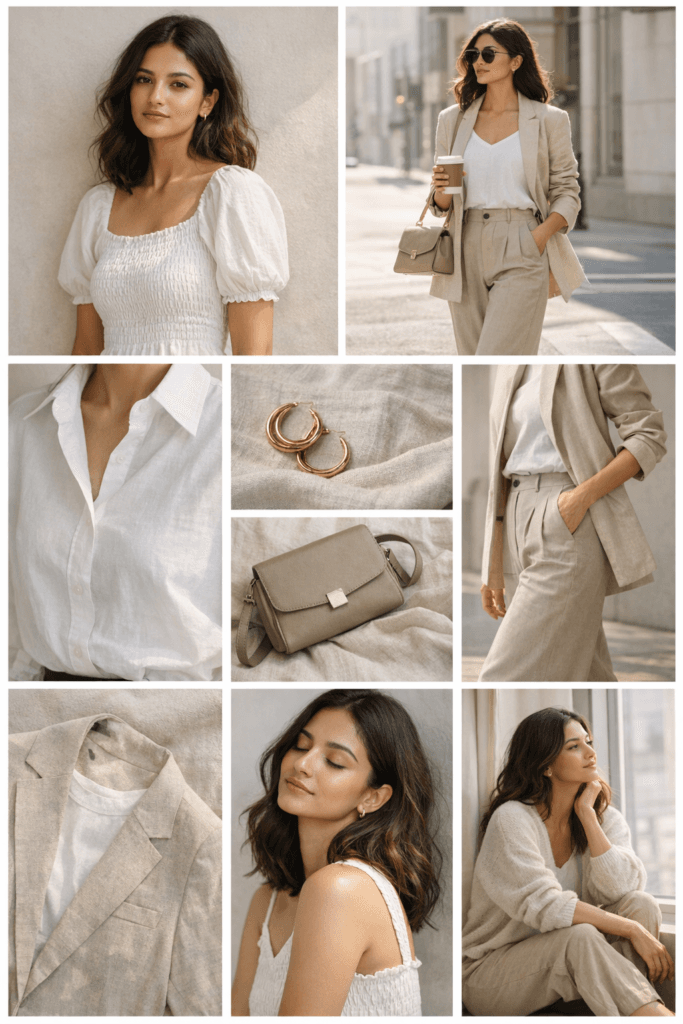 “Outfit of the Day fashion editorial featuring neutral tones, white smocked dress, tailored beige pants, minimalist accessories, luxury lifestyle aesthetic, and effortless feminine confidence.”