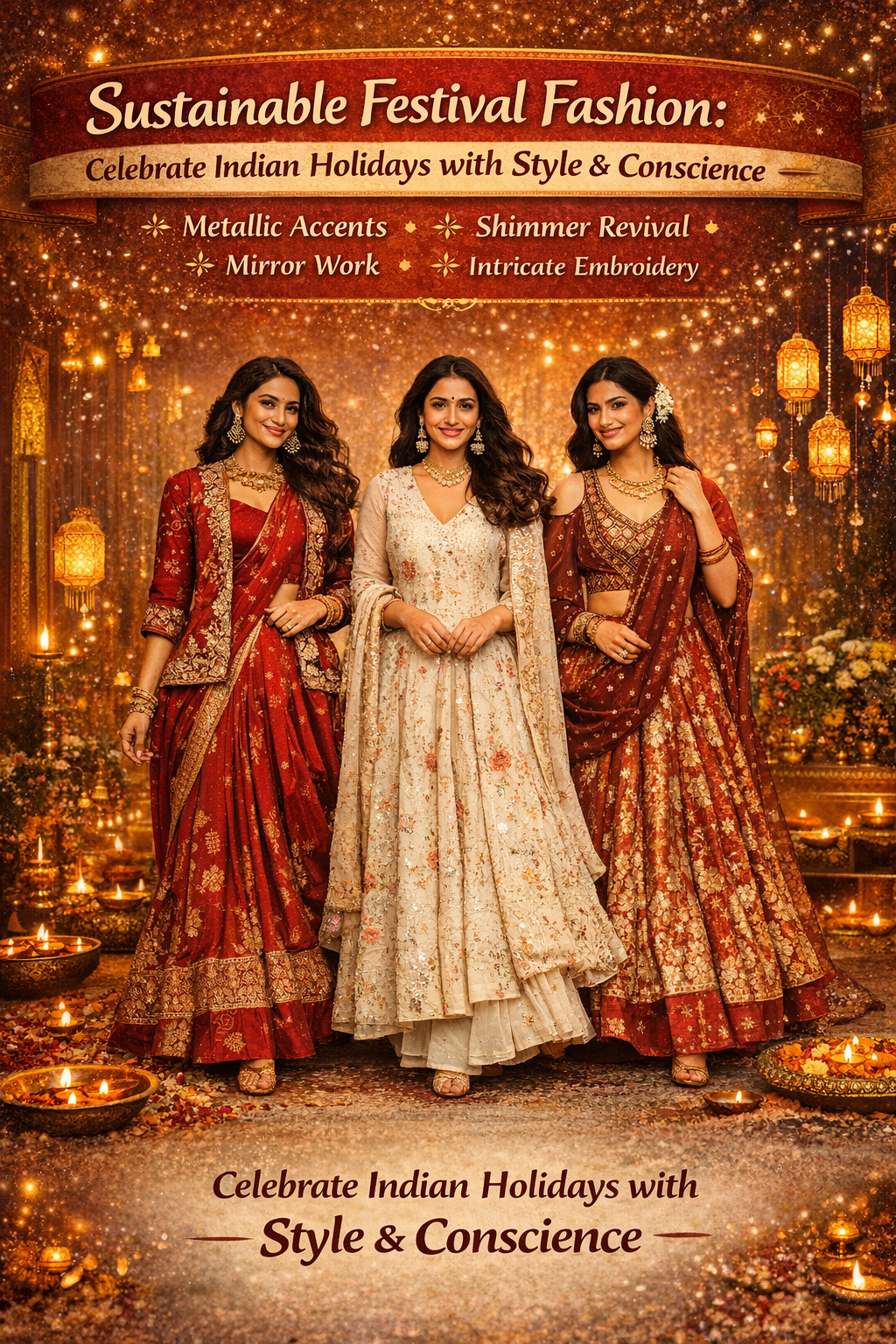 Sustainable and Budget friendly festival fashion:Women in elegant Indian festive werar Lehenga and sarees, showcasing budget friendly ethnic fashion for festivals