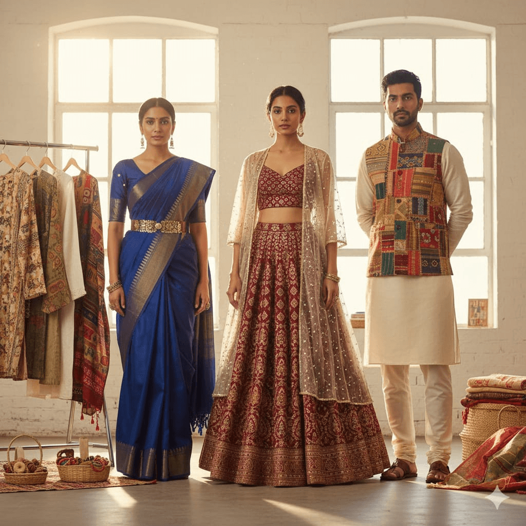 Sustainable and budget friendly festival fashion:Three Indian models standing indoors in a sunlit studio wearing traditional festive outfits — a blue silk saree, a maroon lehenga with sheer dupatta, and a cream kurta with a multicolour patchwork jacket — surrounded by handcrafted ethnic garments and textiles in a premium Indian fashion setting.