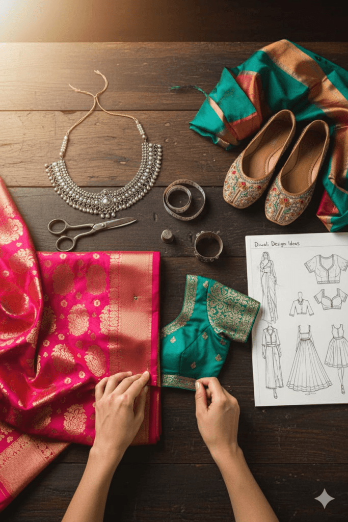 Flat lay of Indian festive fashion essentials on a wooden table — silk saree fabric, embroidered blouse piece, traditional juttis, silver jewelry, tailoring tools, and a fashion sketch sheet — showing handcrafted ethnic wear styling and traditional design planning.