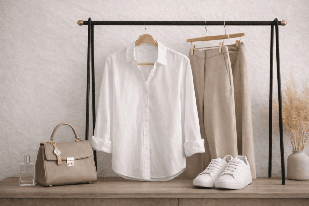 Must have Wardrobe essentials:“Crisp white button-down shirt styled with beige trousers, neutral handbag, and white sneakers in a minimalist wardrobe setup”