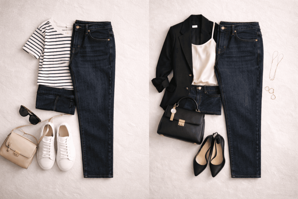 Must have wardrobe essentials:“Dark straight-leg denim jeans styled in two looks—casual outfit with striped tee and sneakers, and business-casual outfit with blazer and heels”.