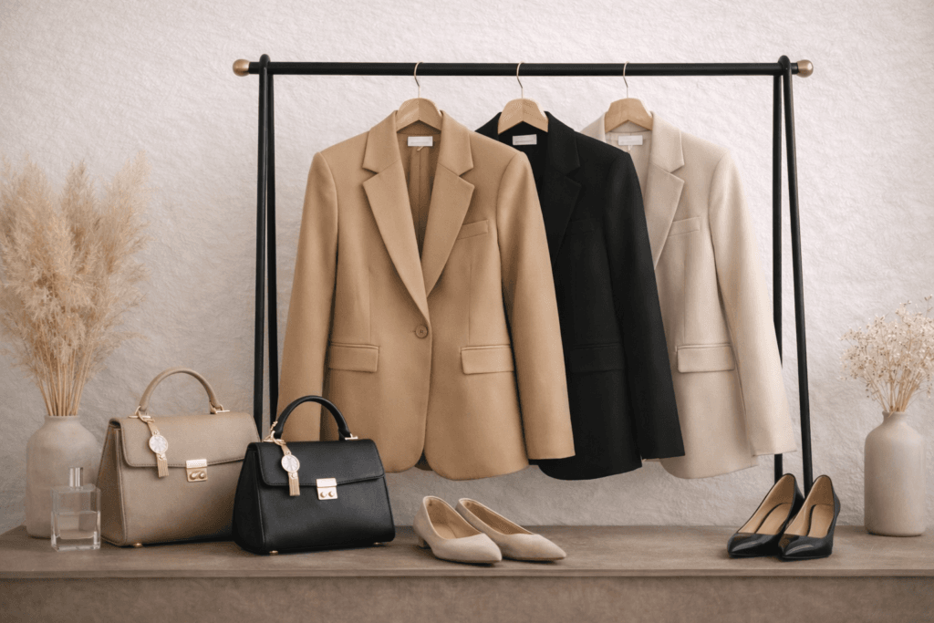 “Perfectly tailored neutral blazers in camel, black, and beige styled on a minimalist clothing rack with classic accessories”: Wardrobe staples for women