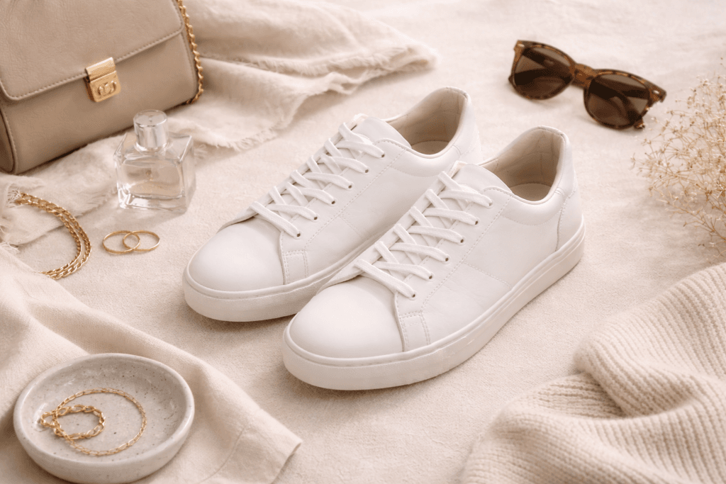 “Classic white leather sneakers styled with neutral accessories in a minimalist wardrobe flat lay”: Top 5 must have wardrobe essentials