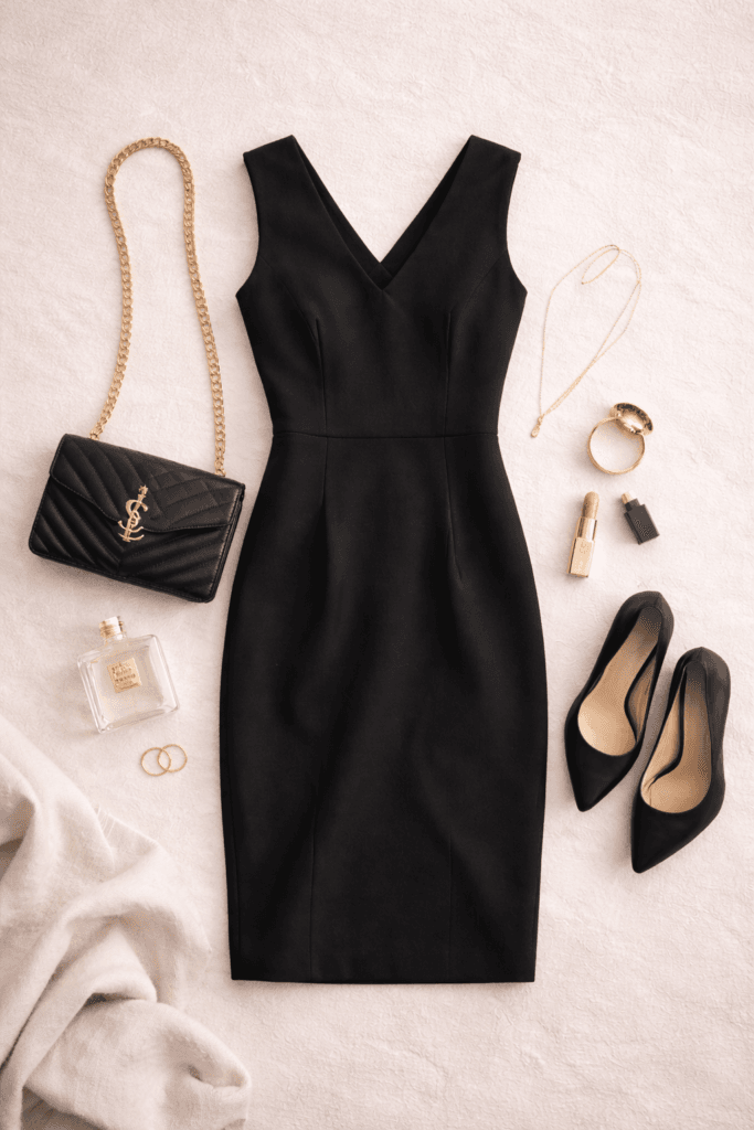 “Elegant little black dress styled in a luxury flat lay with gold jewellery, heels, clutch, and soft neutral lighting”