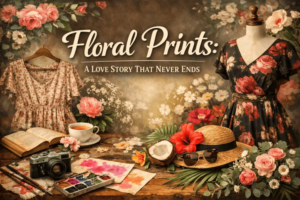 Featured blog image showing floral print dresses in vintage and modern styles, surrounded by flowers, art supplies, a camera, and lifestyle elements, representing the timeless beauty of floral fashion: Florals