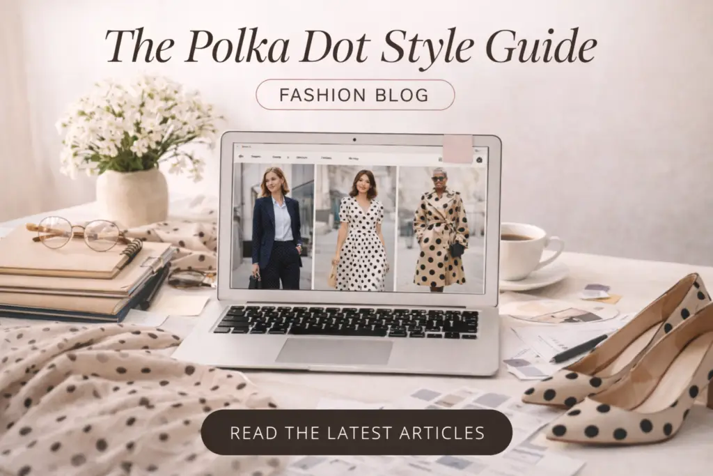 Three women wearing polka dot outfits in different scales — tiny pin dots on a navy blazer suit, medium dots on a classic white dress, and oversized dots on a beige trench coat — showing how dot size changes the mood in polka dots trends 2026.