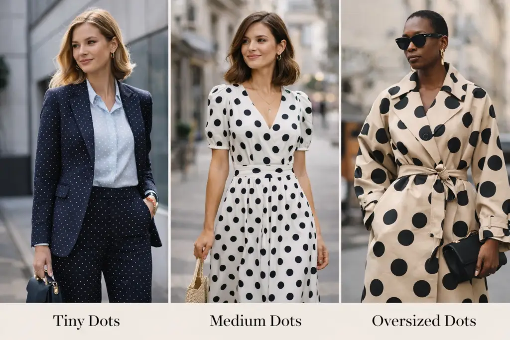 Here’s clean, SEO-friendly alt text for this image collage:Alt Text:
Three women wearing polka dot outfits in different scales — tiny pin dots on a navy blazer suit, medium dots on a classic white dress, and oversized dots on a beige trench coat — showing how dot size changes the mood in polka dot fashion trends 2026: Polka Dots Trend 2026