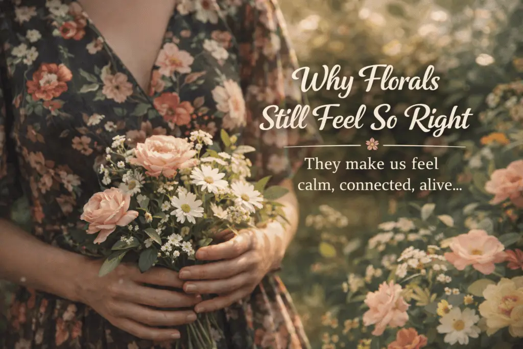 Florals :Woman wearing a floral dress holding a bouquet of soft pastel flowers in a sunlit garden, representing calm, connection with nature, and the emotional beauty of floral fashion.