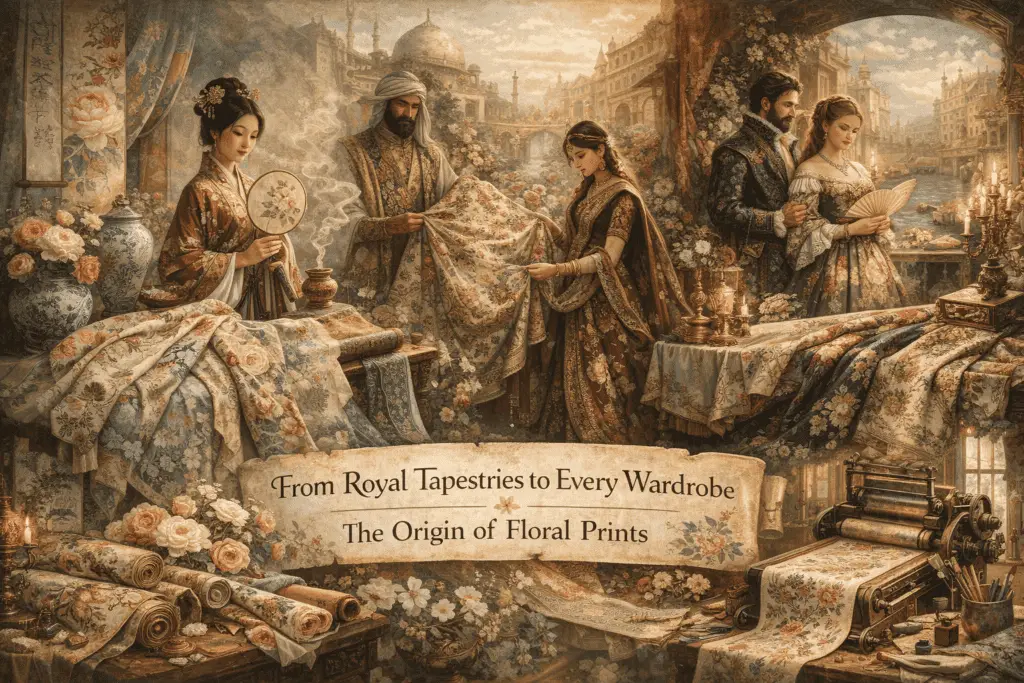 Illustrated scene showing the historical evolution of floral prints from ancient China, India, Persia, and Europe to textile printing, symbolizing the journey of florals from royal luxury to everyday fashion.