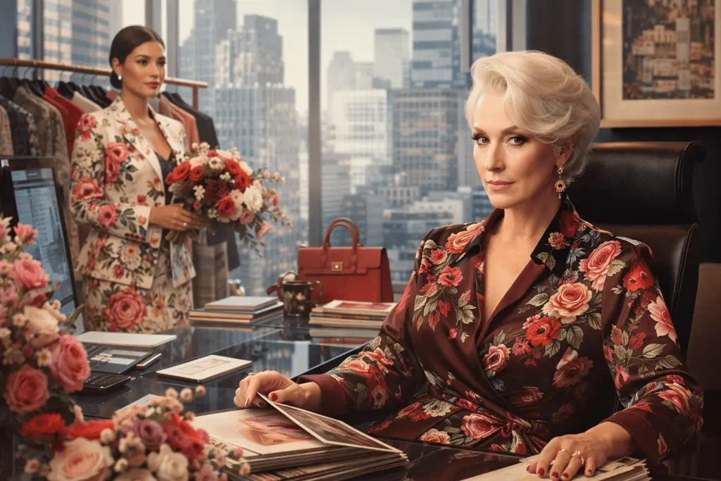 Luxury fashion workspace with a confident woman founder reviewing designs, floral aesthetics, and premium handbags in  a modern office setting