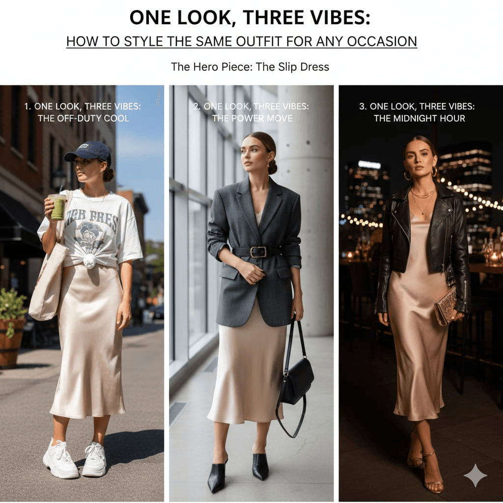 A triptych fashion guide titled "One Look, Three Vibes," showcasing a champagne silk slip dress styled in three ways: casual with a graphic tee and sneakers, professional with a grey blazer and belt, and evening-ready with a leather jacket and gold accessories.