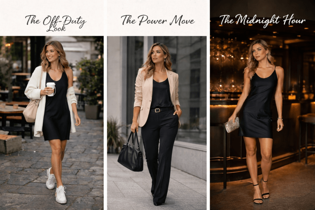 “Black slip dress styled in three looks: off-duty casual with cardigan and sneakers, power look with blazer and tailored trousers, and midnight hour glam with heels and clutch.”