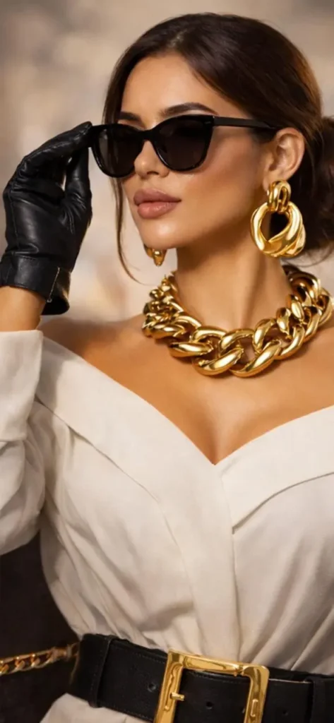 Minimal gold jewellery layered over a neutral outfit-capturing 2026 accessory trends