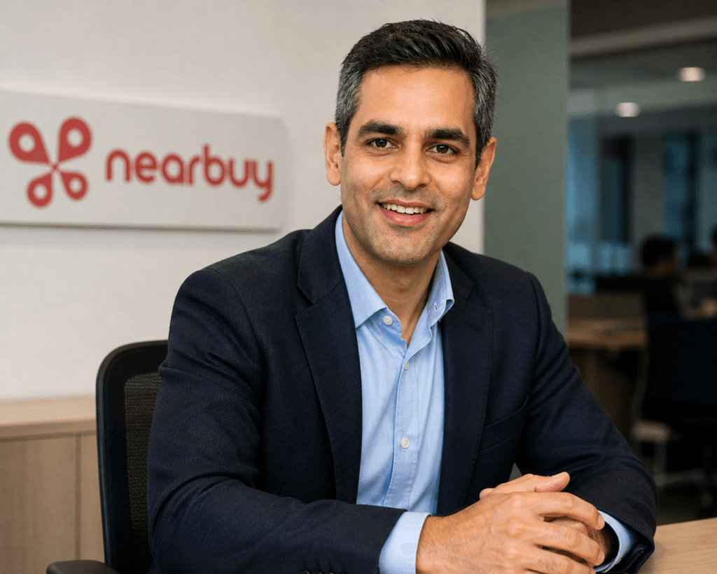 A professional corporate portrait of Ankur Warikoo seated in a modern office, smiling confidently in formal attire, with the Nearbuy logo visible in the background, representing his entrepreneurial and leadership journey.